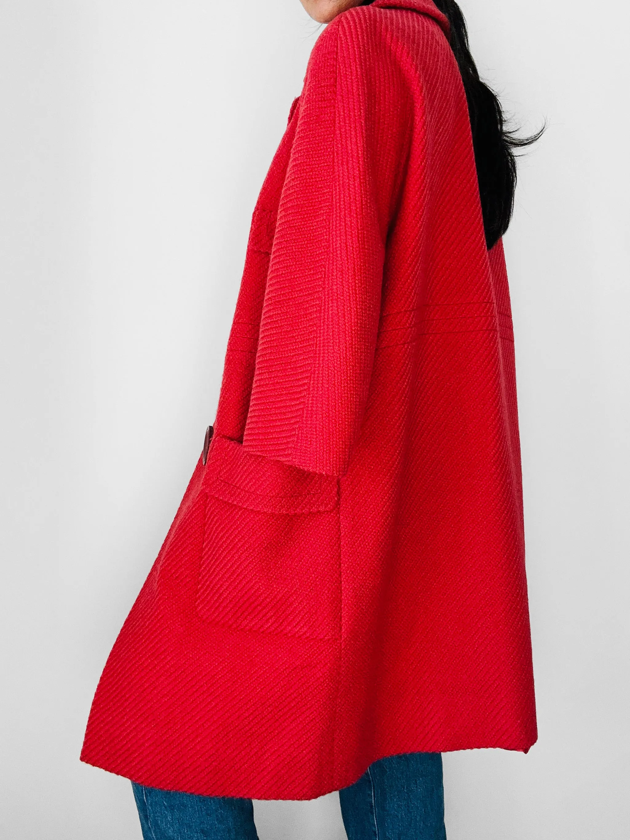 1960s Coral Red Wool Blend Large Button Shift Coat