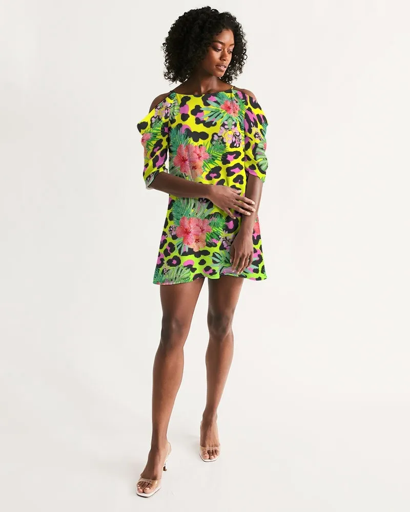 Animal Print Hibiscus Floral Cold Shoulder Dress