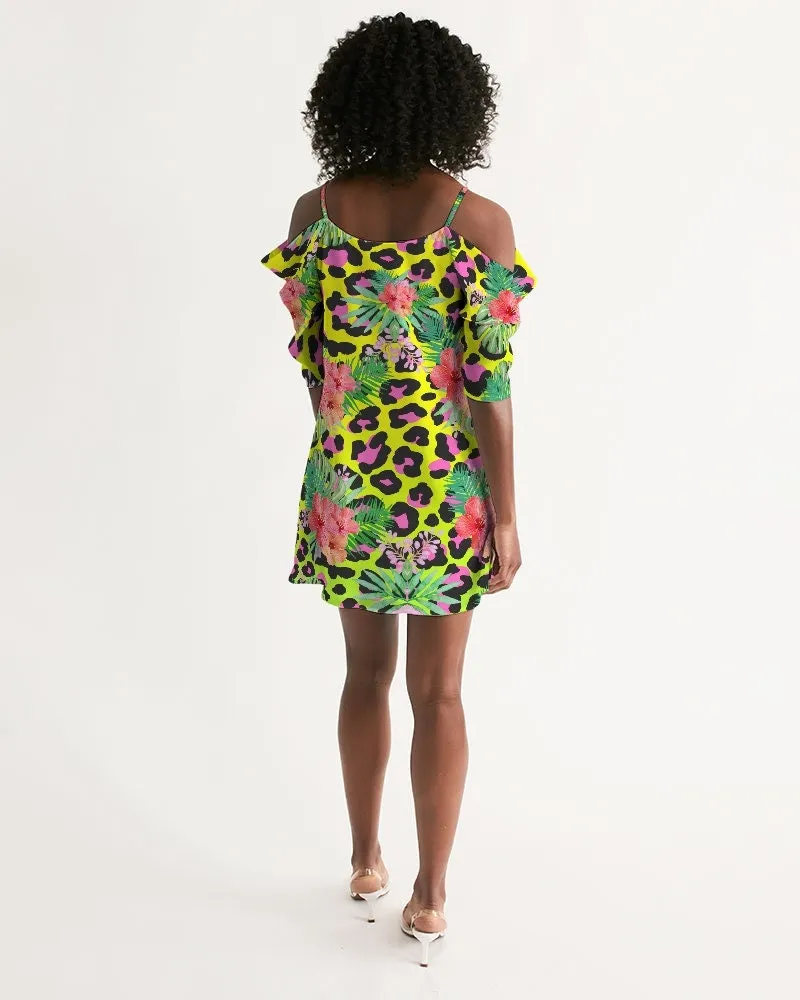 Animal Print Hibiscus Floral Cold Shoulder Dress