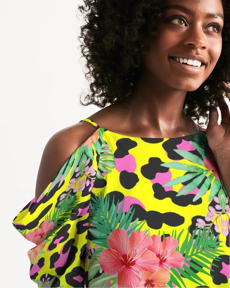 Animal Print Hibiscus Floral Cold Shoulder Dress