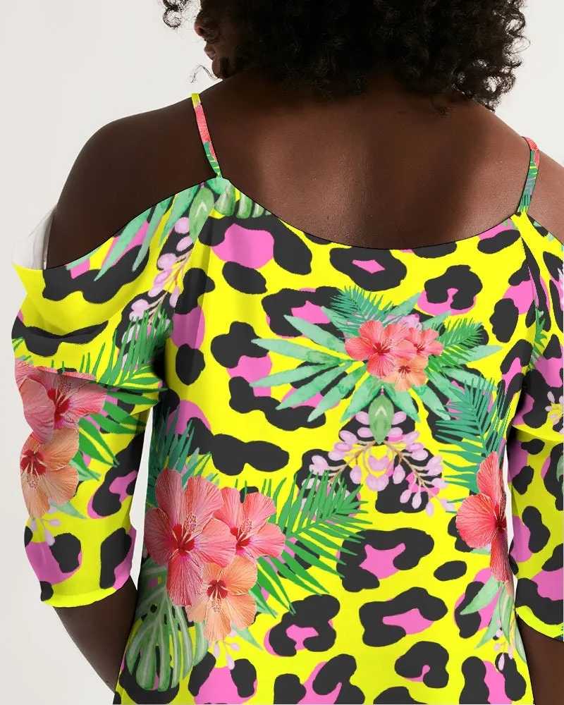 Animal Print Hibiscus Floral Cold Shoulder Dress
