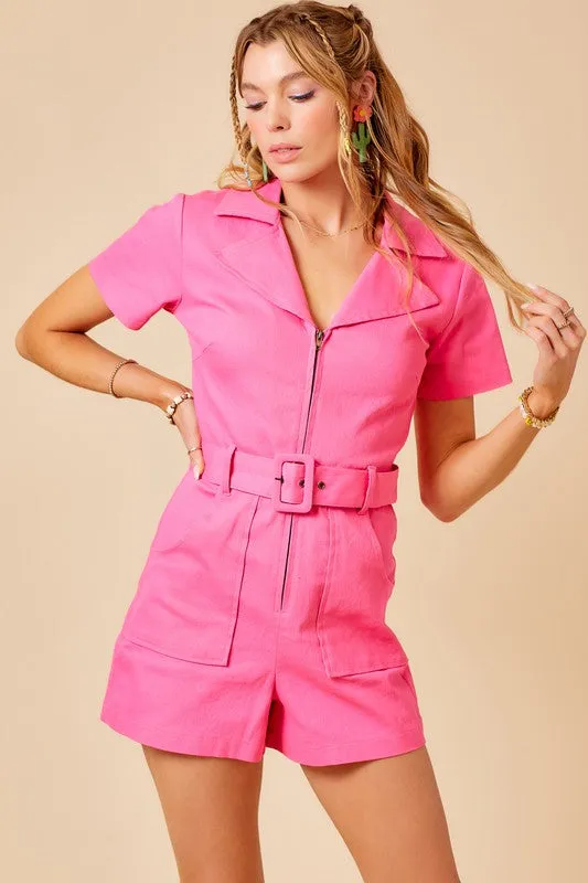 Beckham Zip Front Belted Denim Romper