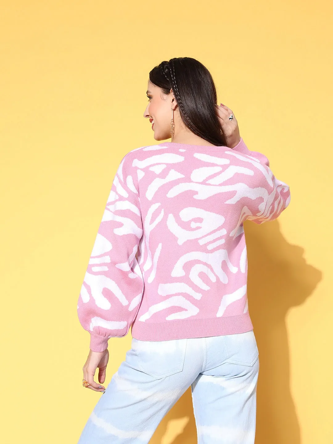 Berrylush Women Pink & White Abstract Printed Round Neck Acrylic Ribbed Hem Regular Pullover