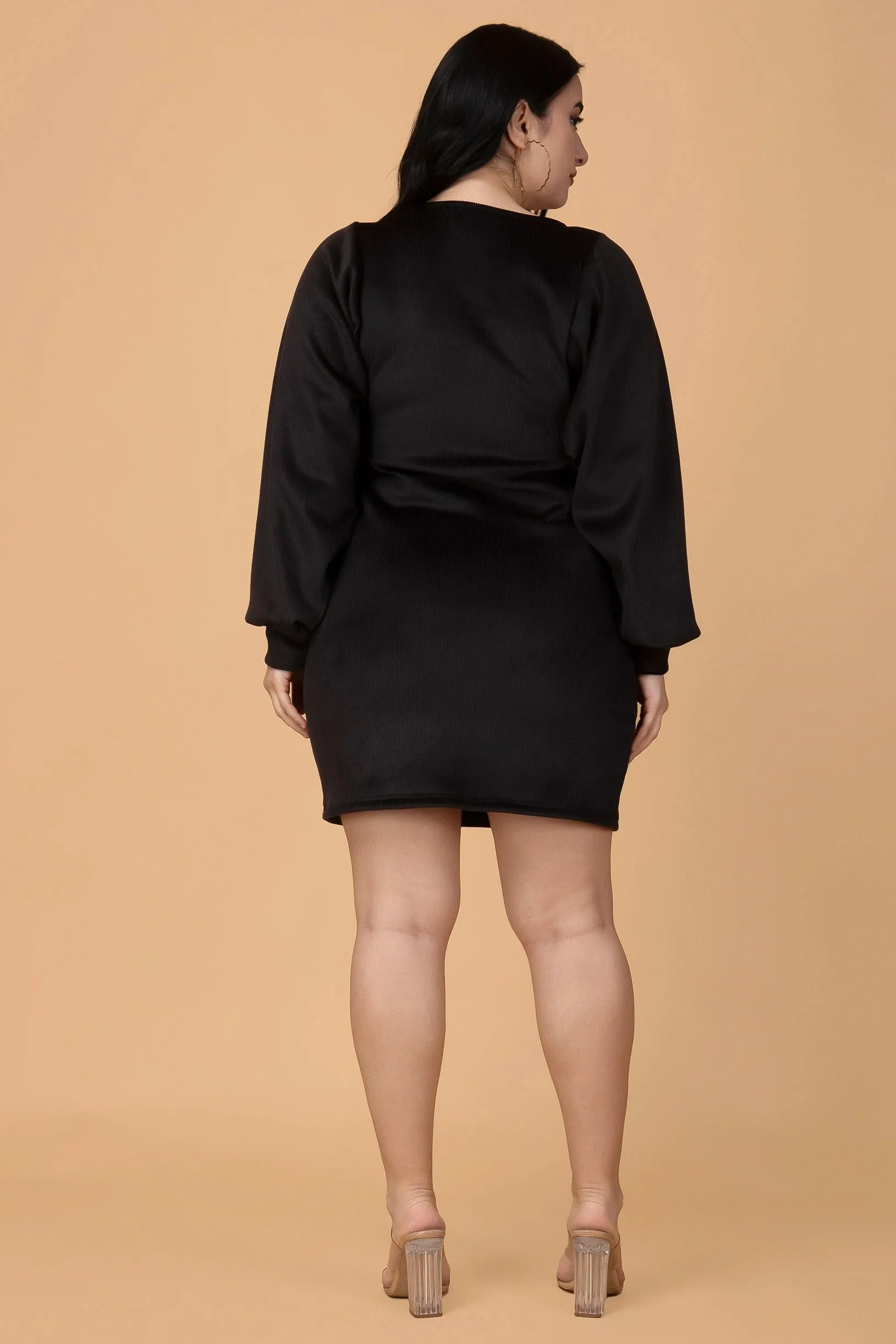 Black Solid Ribbed Knit Dress