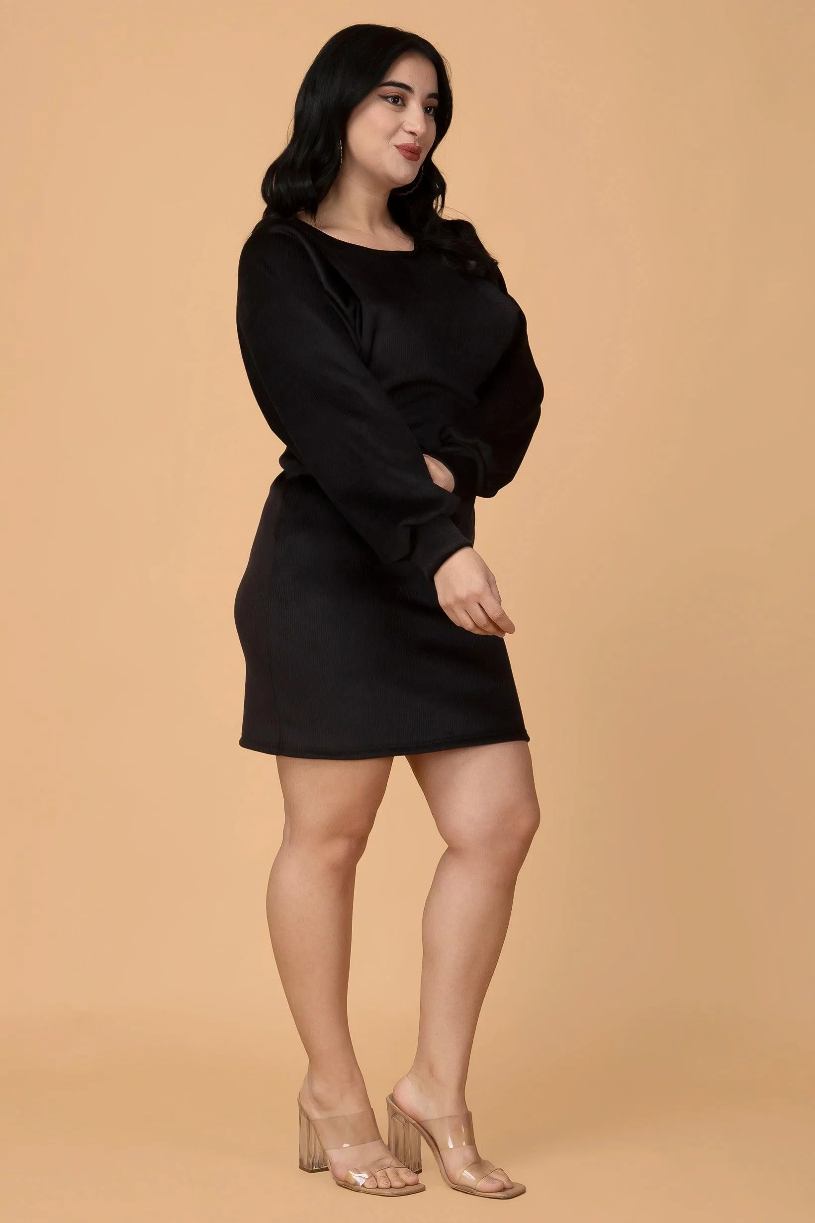 Black Solid Ribbed Knit Dress