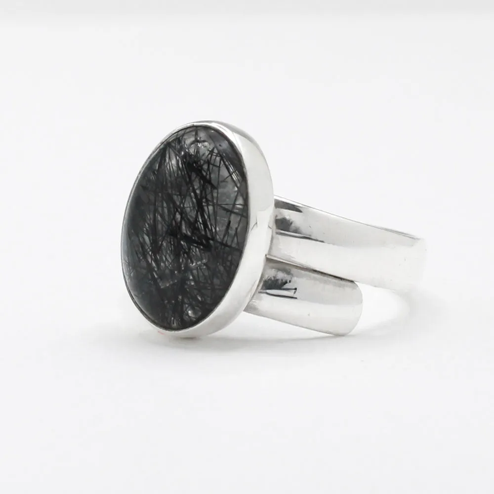 Candy - Oval Tourmalinated Quartz Cabochon Silver Ring - Adjustable