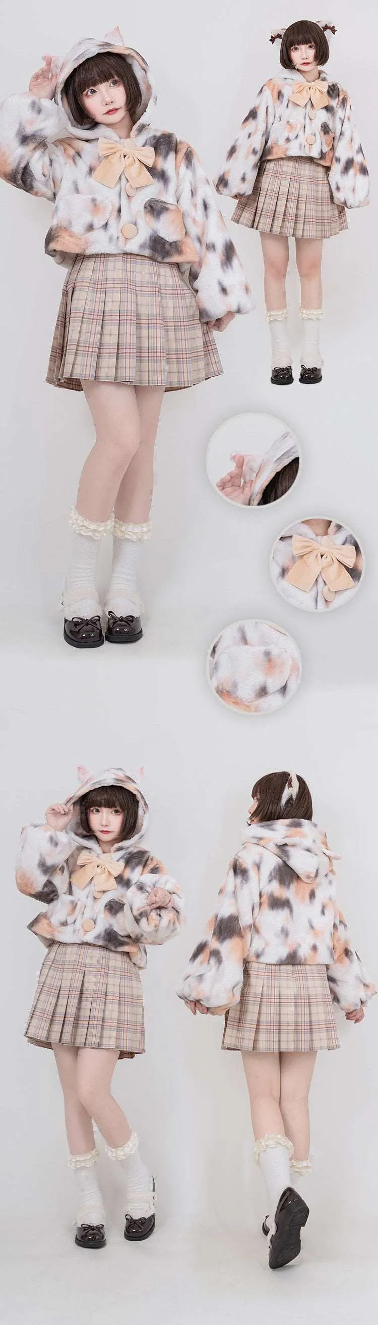 Colorful White Black Calico Gray Cat Plush Rabbit Fur Winter Coat Jacket