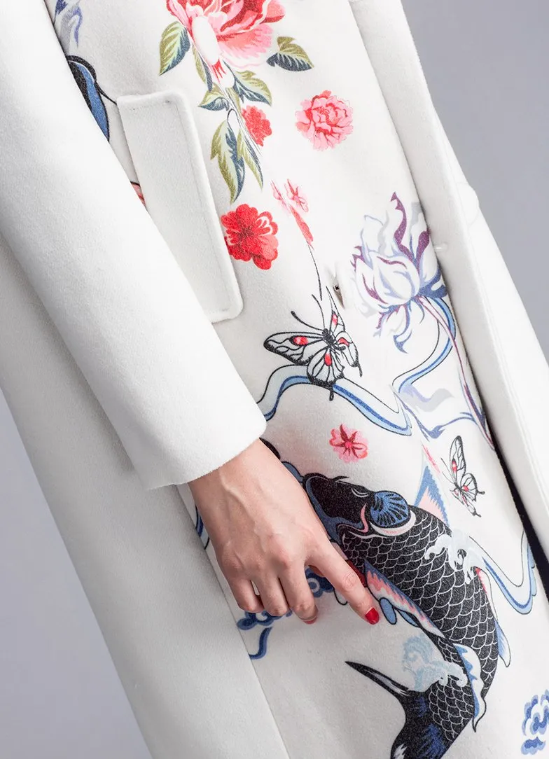 Floral & Fish Print Wool-Blend Coat