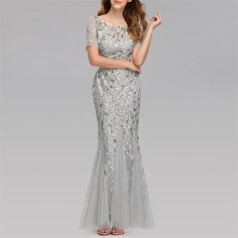 Floral sequins mesh patchwork bodycon fishtail maxi dress | Premium evening gowns party prom dress