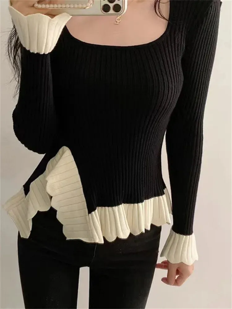Girlary Ruffled Patchwork Vintage Pullover Sweater For Women Ribbed Contrast Elegant Long Sleeve Loose Knit Female Pullover