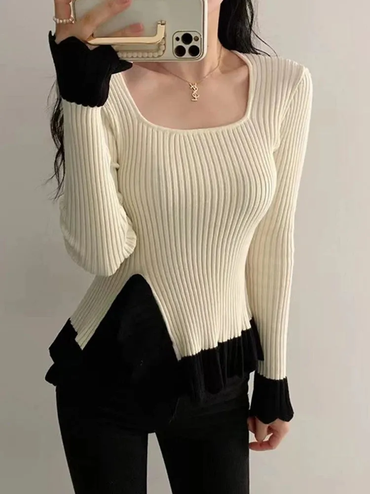 Girlary Ruffled Patchwork Vintage Pullover Sweater For Women Ribbed Contrast Elegant Long Sleeve Loose Knit Female Pullover