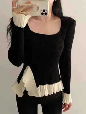 Girlary Ruffled Patchwork Vintage Pullover Sweater For Women Ribbed Contrast Elegant Long Sleeve Loose Knit Female Pullover