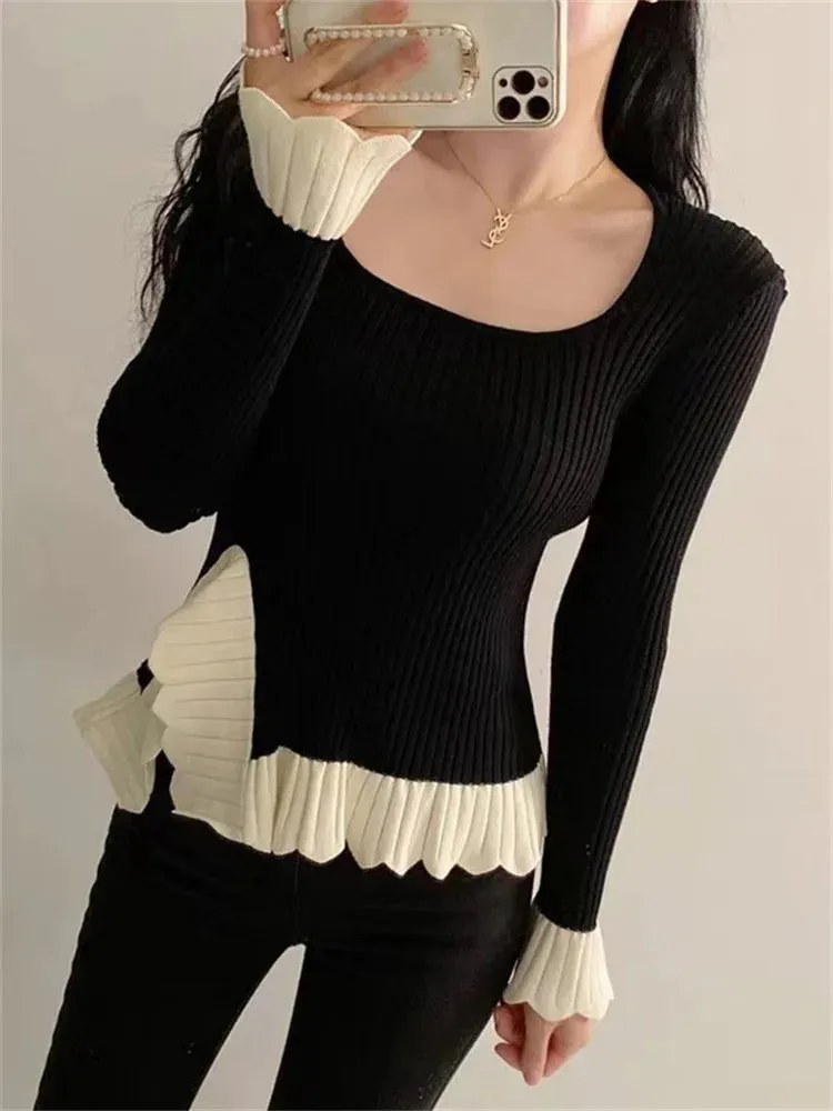 Girlary Ruffled Patchwork Vintage Pullover Sweater For Women Ribbed Contrast Elegant Long Sleeve Loose Knit Female Pullover