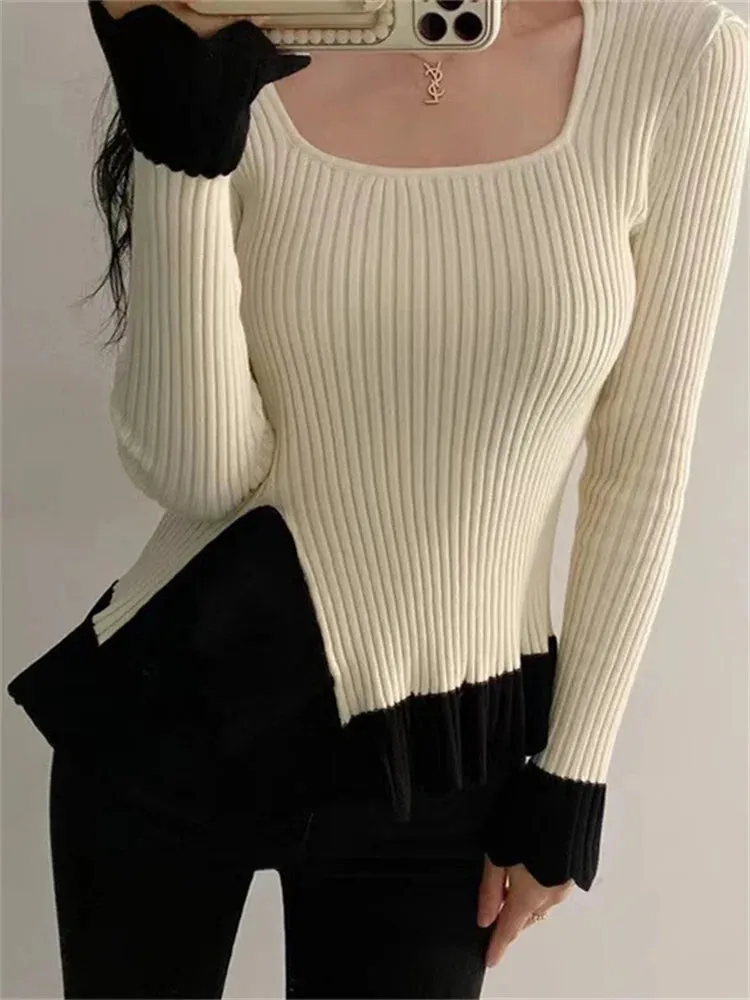 Girlary Ruffled Patchwork Vintage Pullover Sweater For Women Ribbed Contrast Elegant Long Sleeve Loose Knit Female Pullover