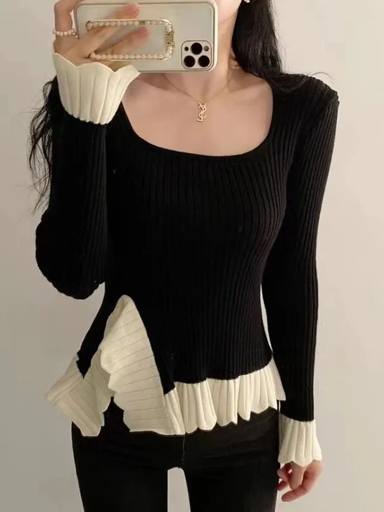 Girlary Ruffled Patchwork Vintage Pullover Sweater For Women Ribbed Contrast Elegant Long Sleeve Loose Knit Female Pullover