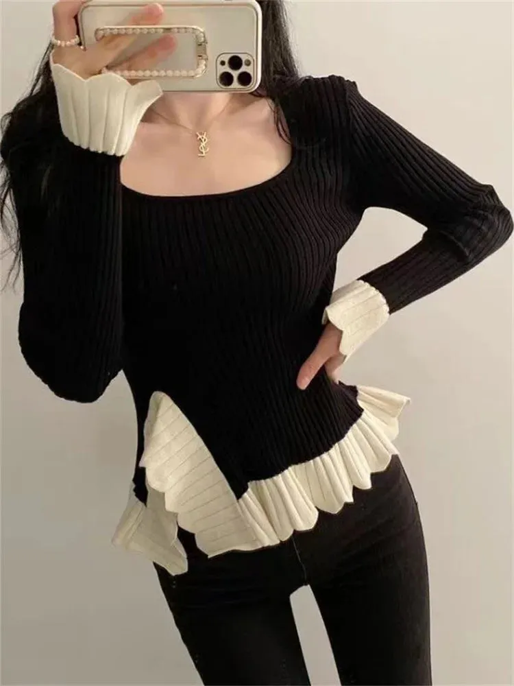 Girlary Ruffled Patchwork Vintage Pullover Sweater For Women Ribbed Contrast Elegant Long Sleeve Loose Knit Female Pullover