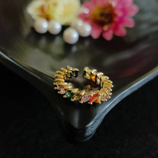 Gold/Silver Plated Tilak Shaped Multi Colour Baguette Adjustable Finger Ring