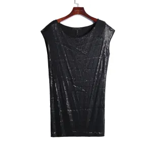 I720 Women Fully sequined jersey round neck sleeveless mini party dress