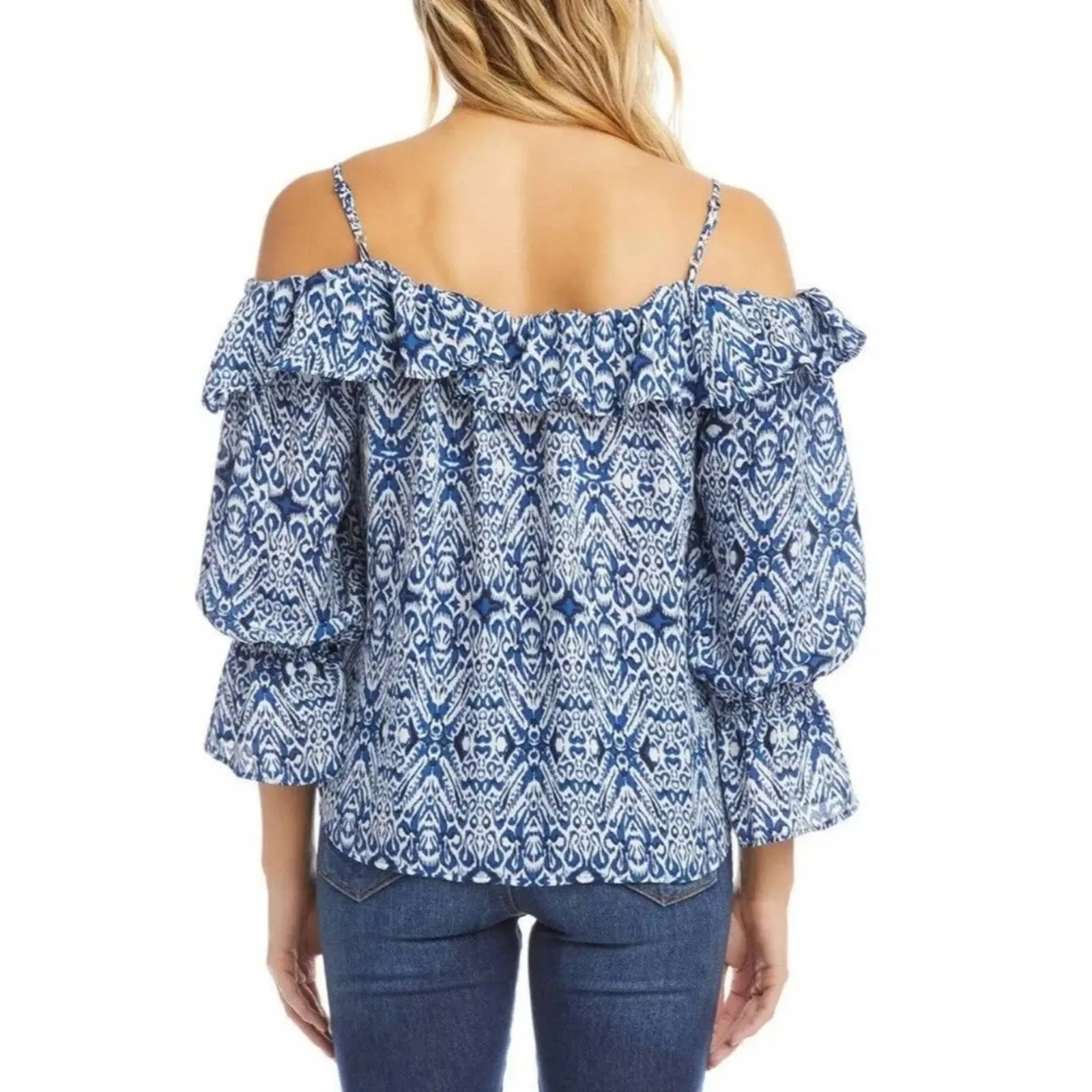 Karen Kane Riviera Bracelet Ruffle Sleeve Top Blue