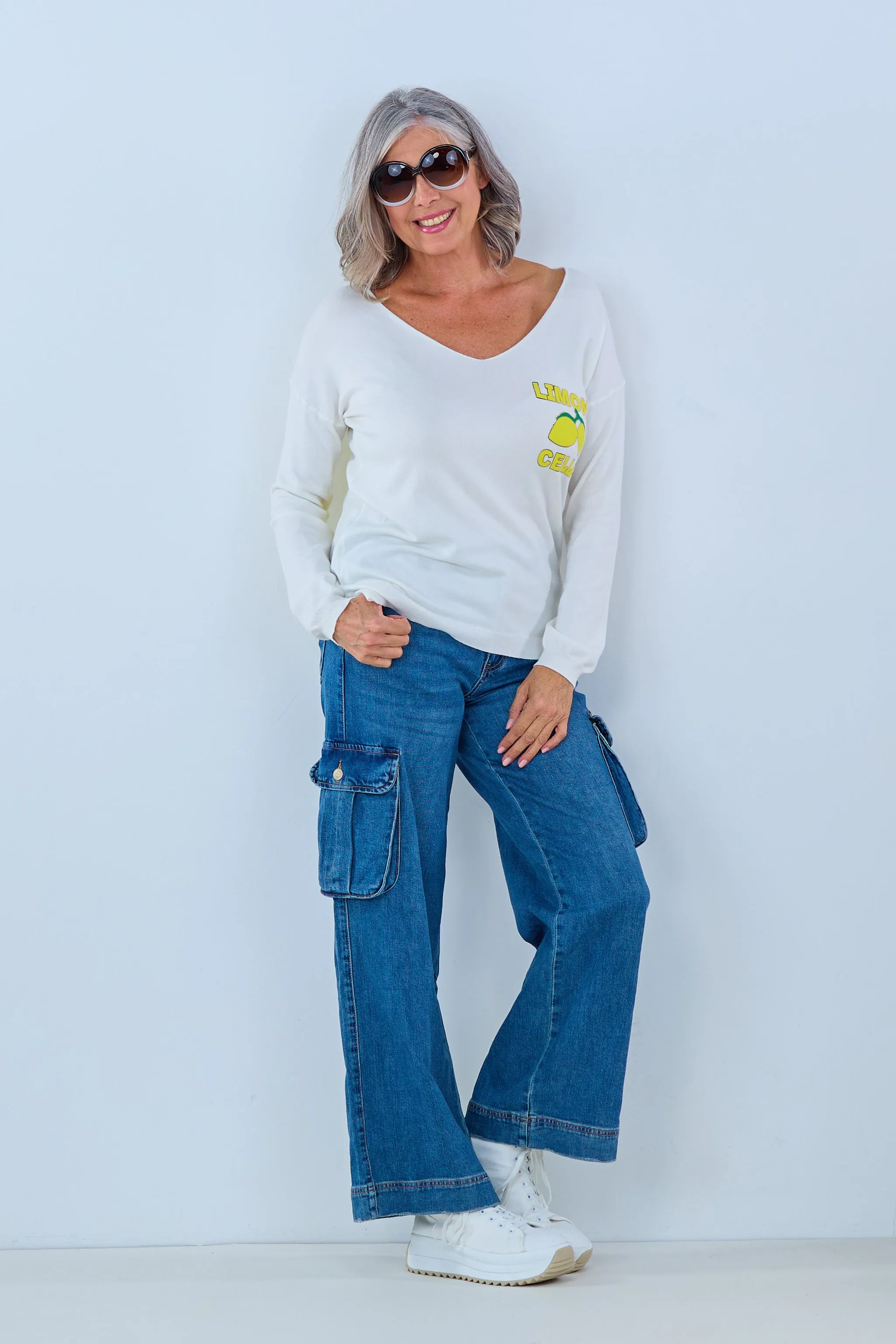 Leichter Strickpulli mit Druck, ecru-gelb