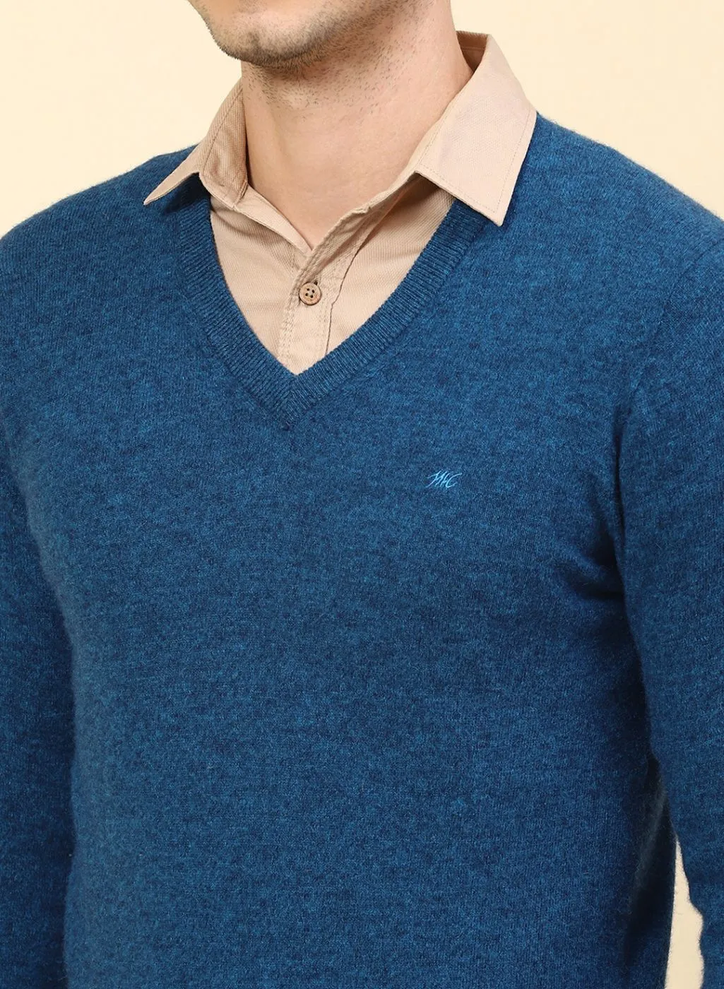Men Blue Solid Lamb wool Pullover