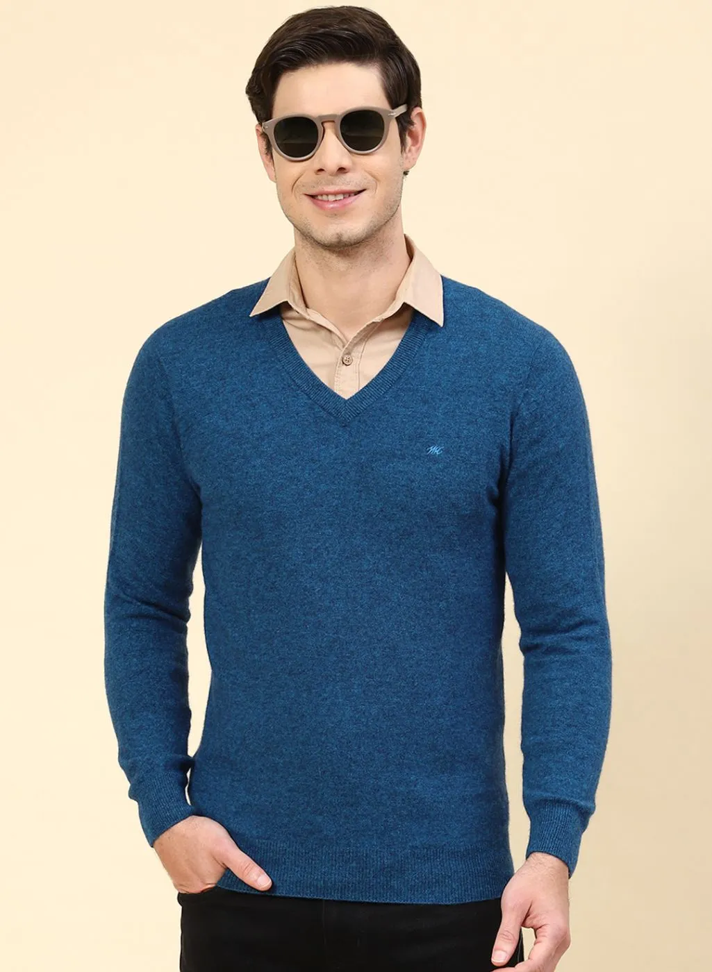 Men Blue Solid Lamb wool Pullover