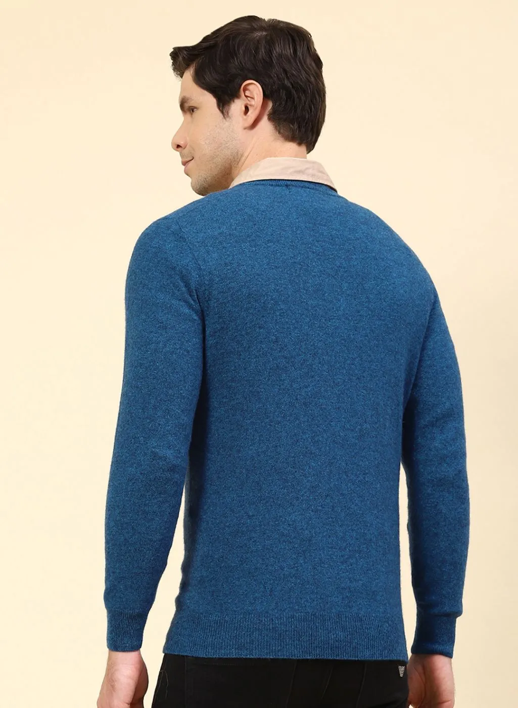 Men Blue Solid Lamb wool Pullover