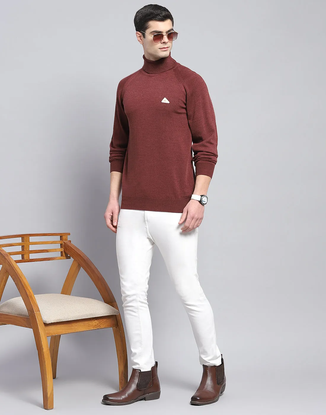 Men Coffee Brown Solid High Neck Full Sleeve Pullover