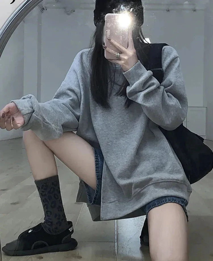 Metaversmall Women's Sweatshirt Loose Korean Style Cool Street Blue Hoodies Autumn Winter New Solid Color Split Pullover Top Women