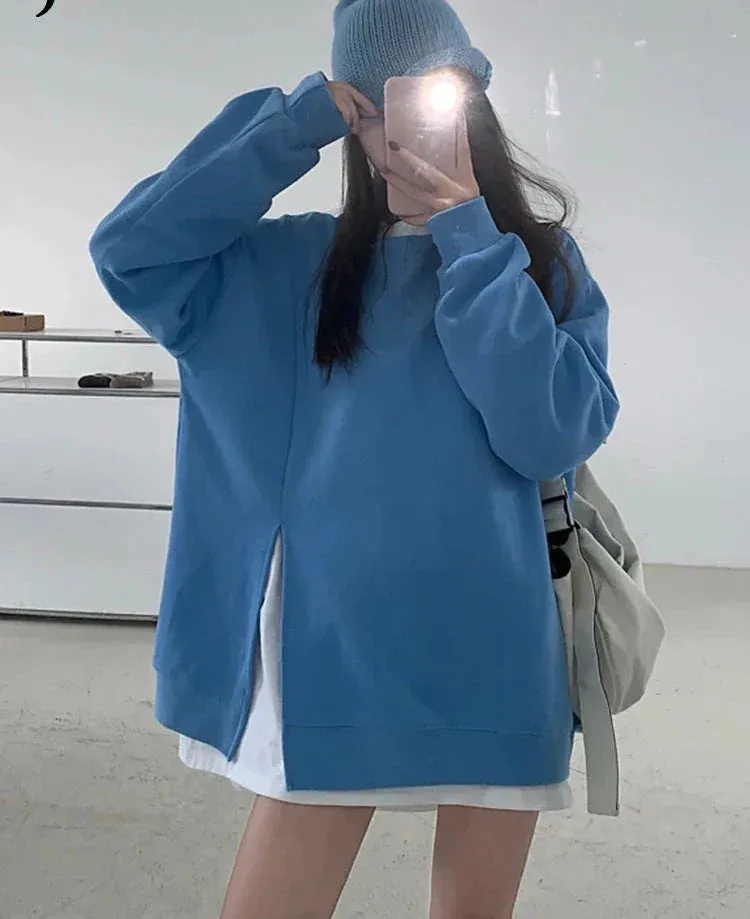 Metaversmall Women's Sweatshirt Loose Korean Style Cool Street Blue Hoodies Autumn Winter New Solid Color Split Pullover Top Women