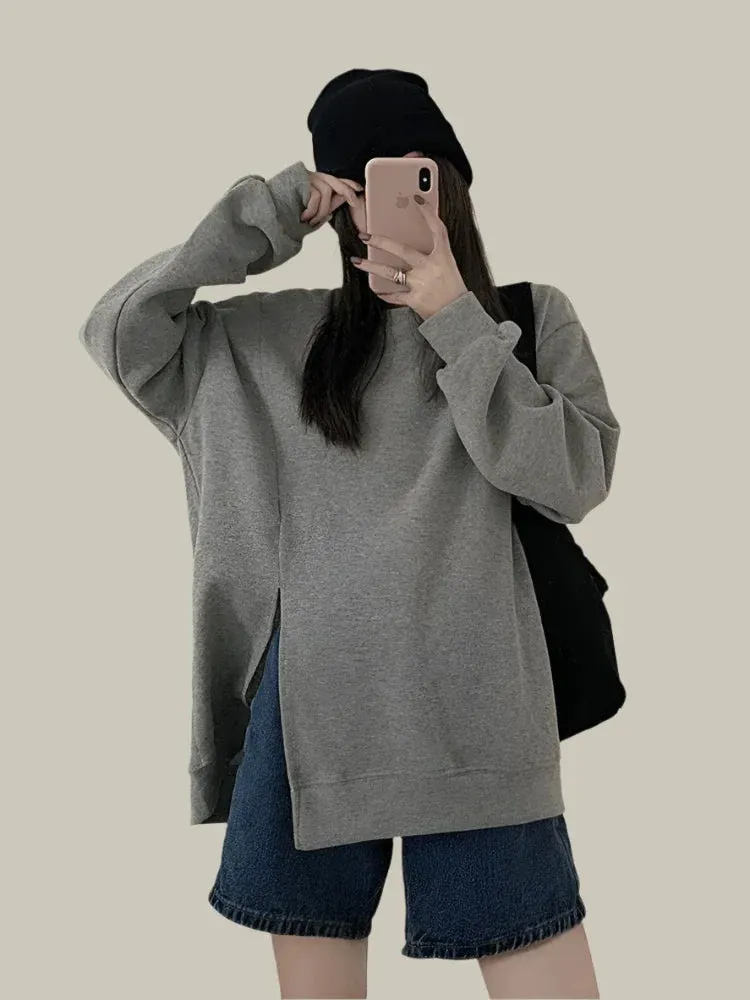 Metaversmall Women's Sweatshirt Loose Korean Style Cool Street Blue Hoodies Autumn Winter New Solid Color Split Pullover Top Women