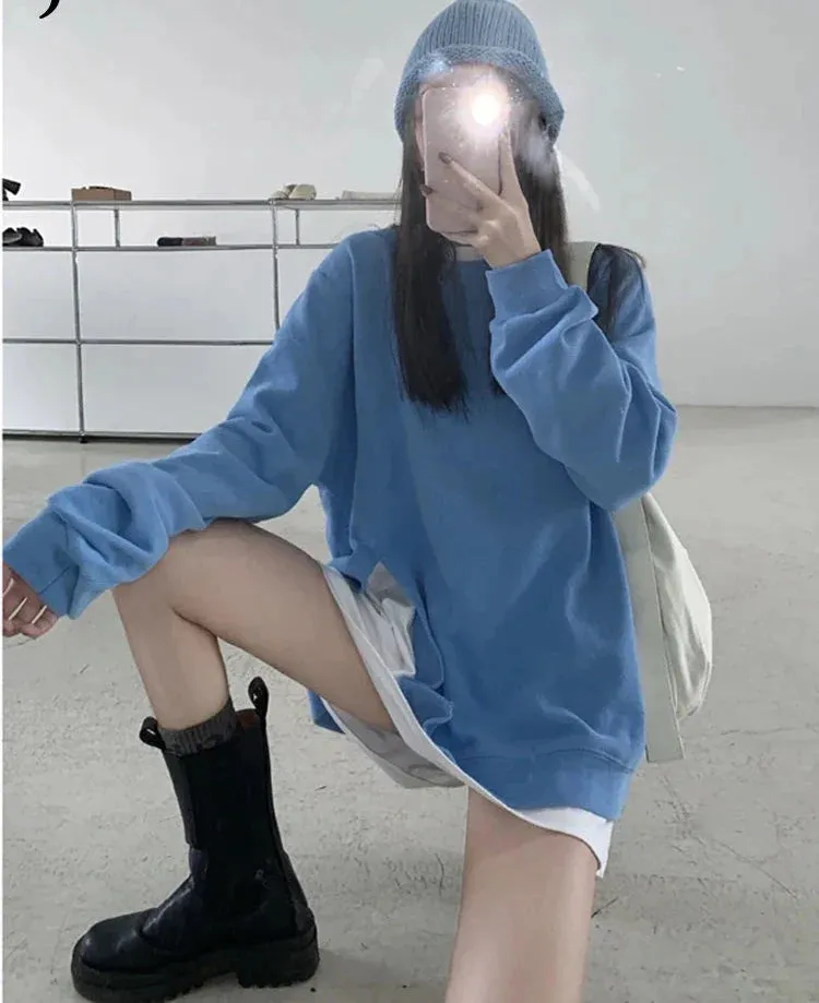 Metaversmall Women's Sweatshirt Loose Korean Style Cool Street Blue Hoodies Autumn Winter New Solid Color Split Pullover Top Women