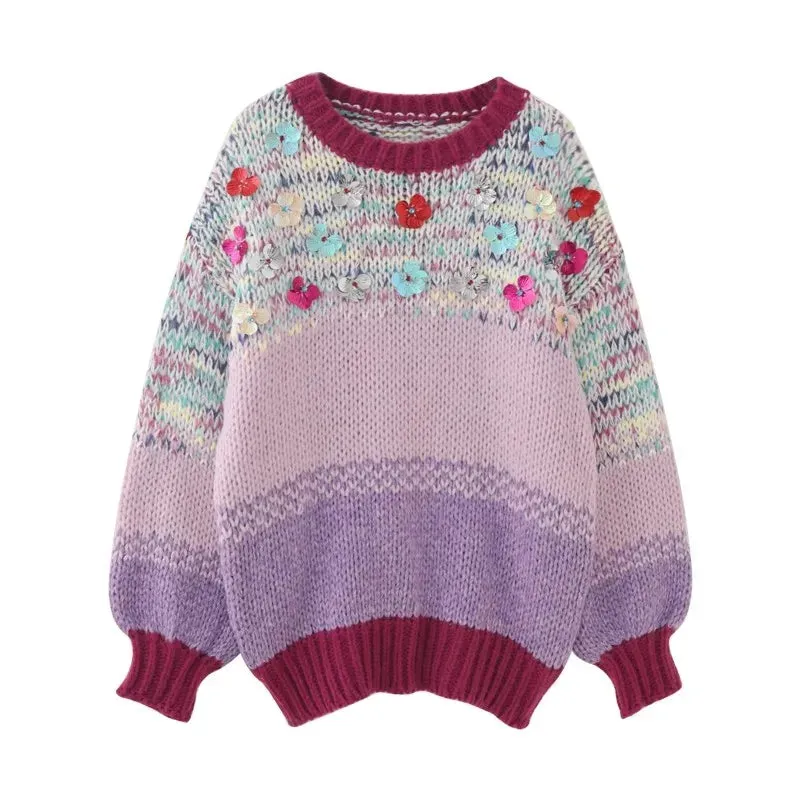 Sequins Flowers Loose Hand Knitted Women Pullover Sweaters 2023 Autumn Winter New in V-neck Colour Stripe Jumper Top C-263