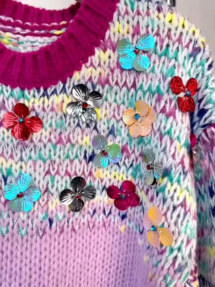 Sequins Flowers Loose Hand Knitted Women Pullover Sweaters 2023 Autumn Winter New in V-neck Colour Stripe Jumper Top C-263