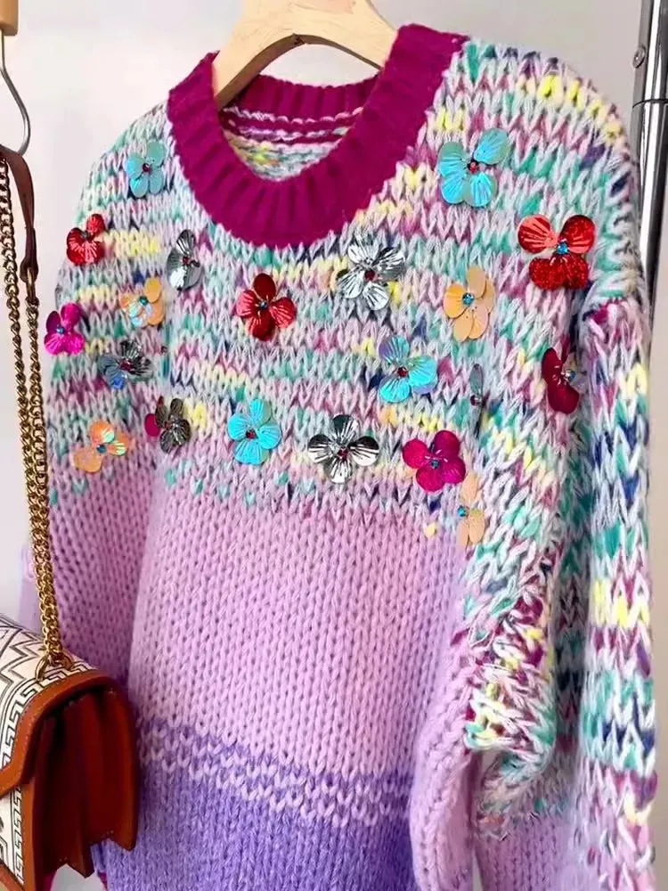 Sequins Flowers Loose Hand Knitted Women Pullover Sweaters 2023 Autumn Winter New in V-neck Colour Stripe Jumper Top C-263