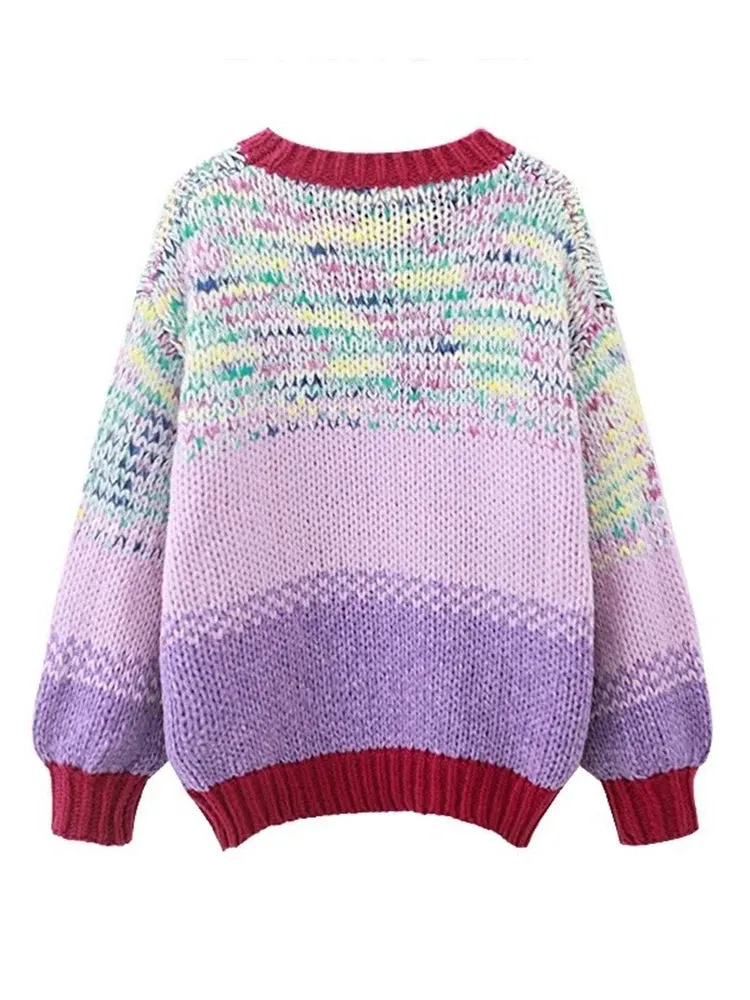 Sequins Flowers Loose Hand Knitted Women Pullover Sweaters 2023 Autumn Winter New in V-neck Colour Stripe Jumper Top C-263