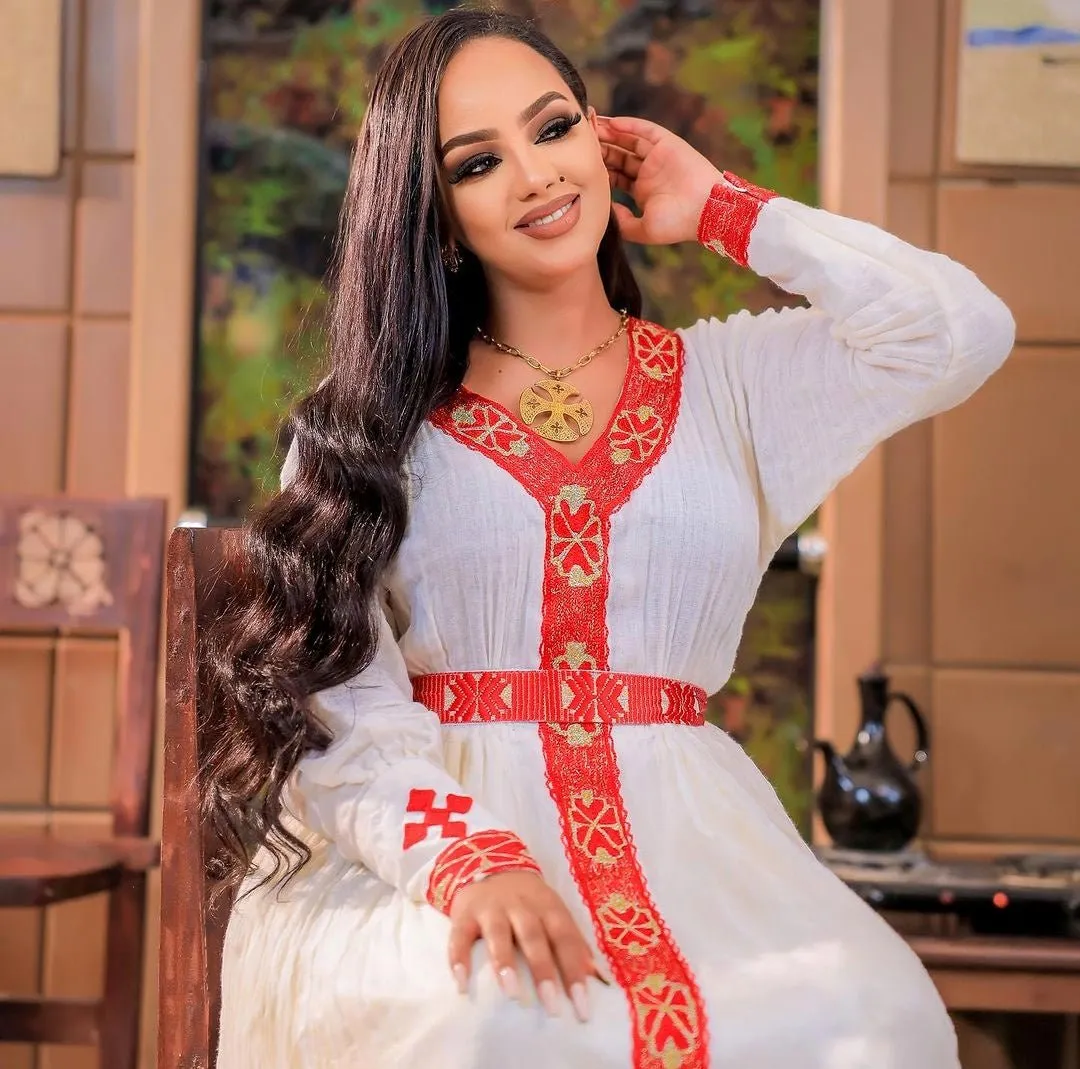 Simple Red Tilet Design Habesha Dress Modern Habesha Kemis Ethiopian Dress Style Traditional Habesha Libs