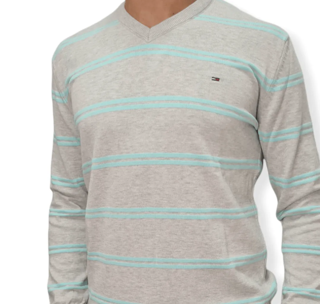 [Slim Fit] Men V-Collar Pullover TH - Light Grey Stripes