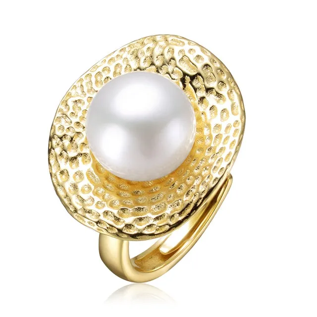 Sterling Silver Gold Plated with Freshwater Pearl Hammered Ring