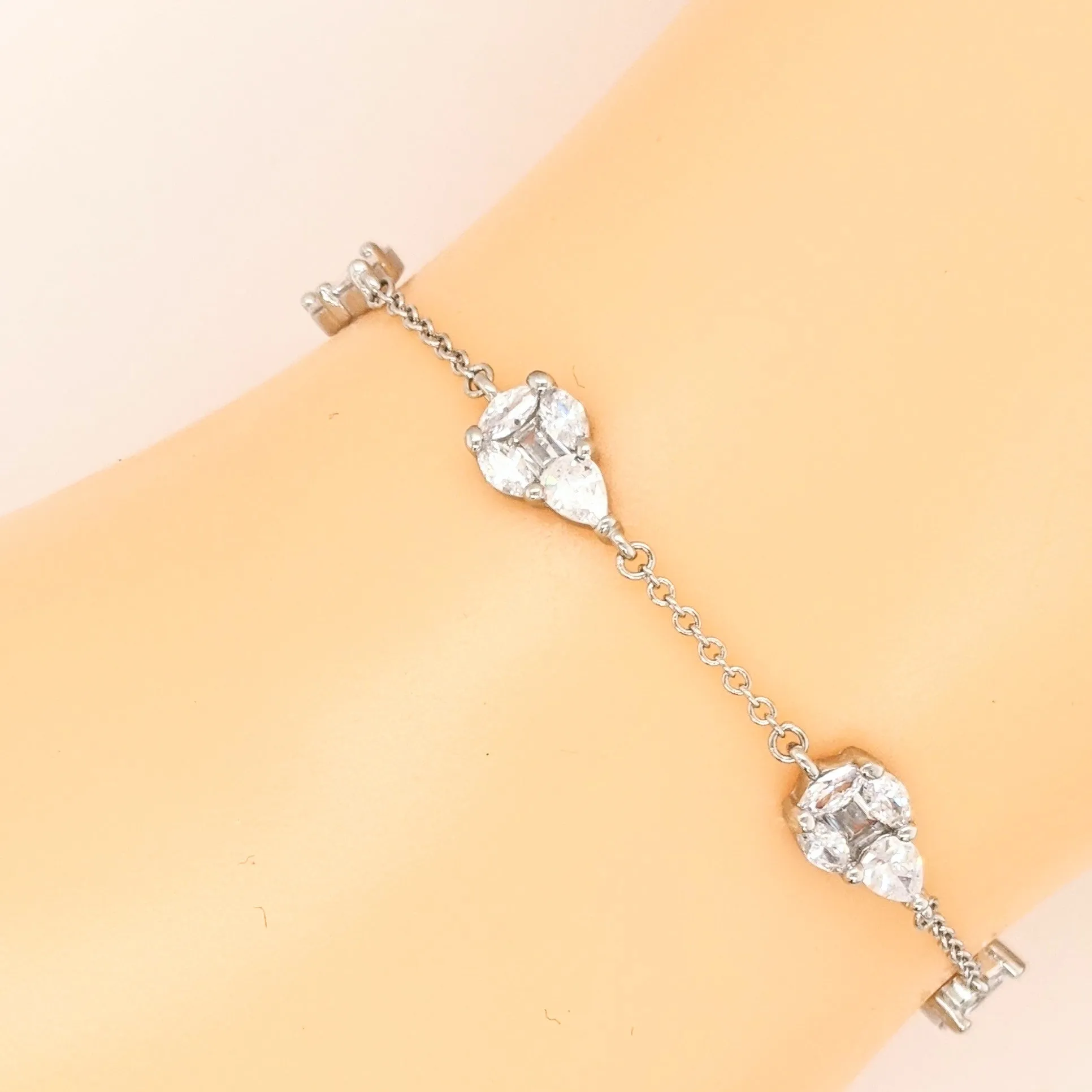 Sterling Silver Pear Shaped Diamond Station Bracelet
