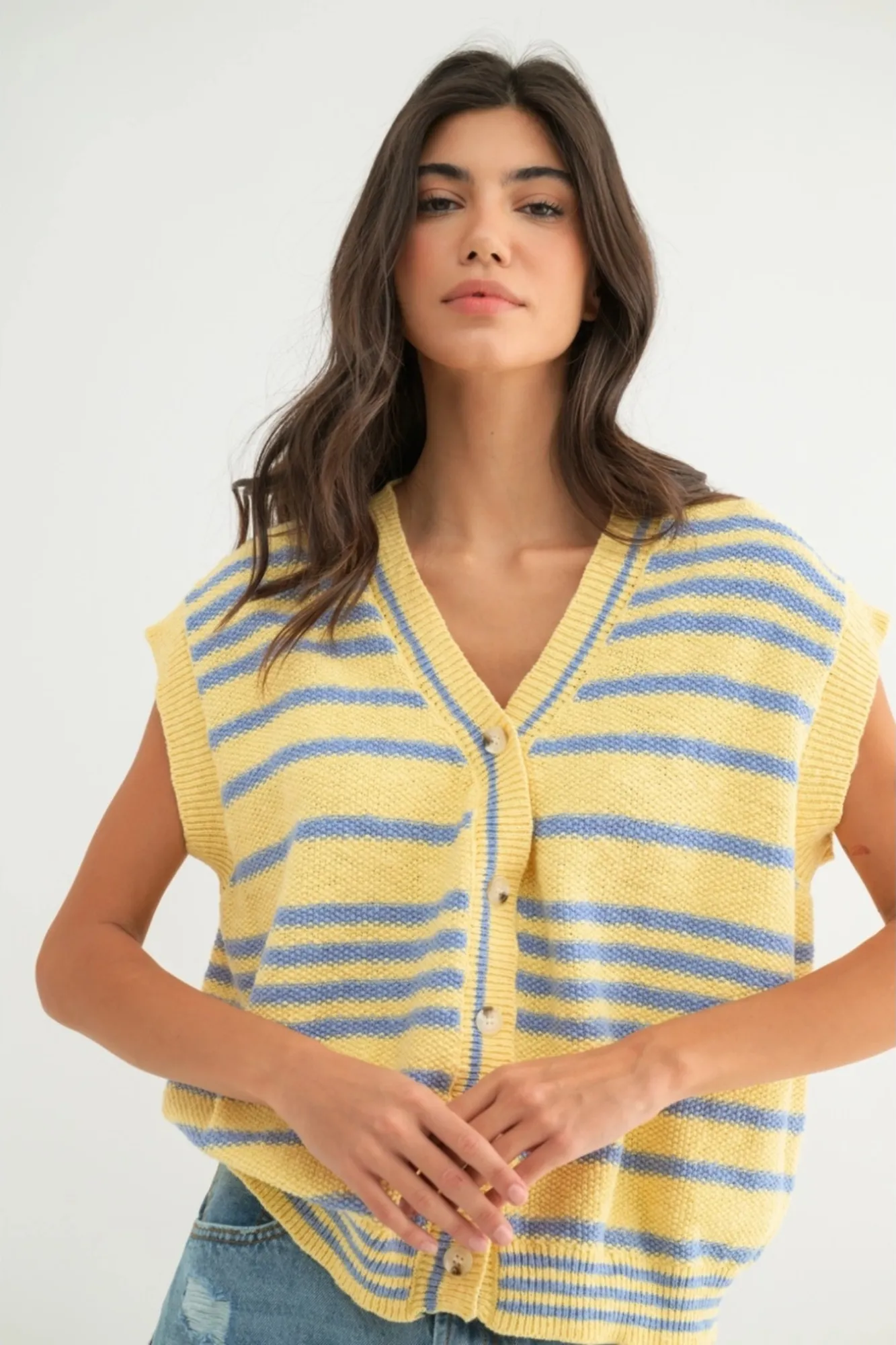 Striped Button Up Vest Lemon