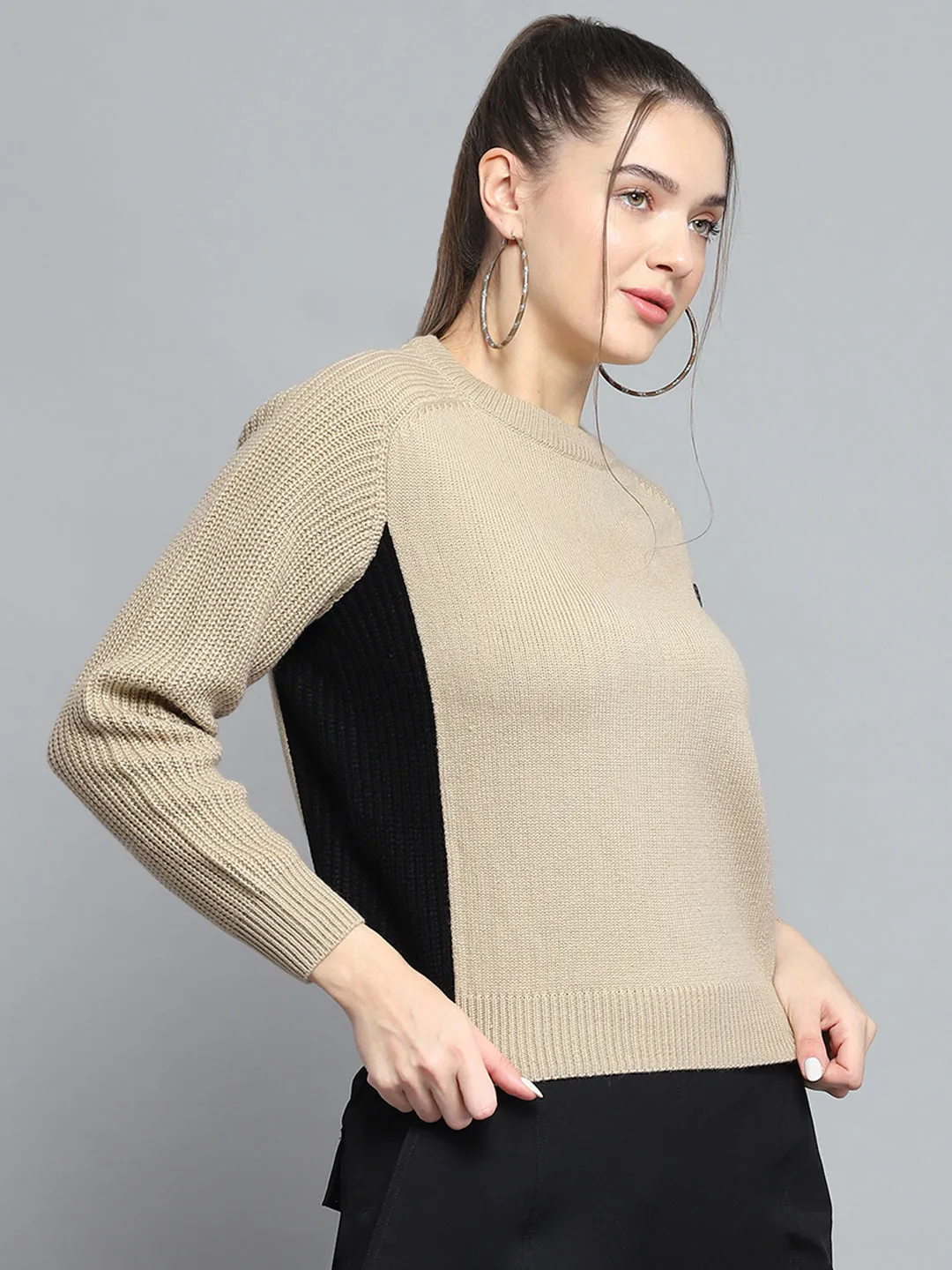 Women Beige Solid Round Neck Full Sleeve Pullover