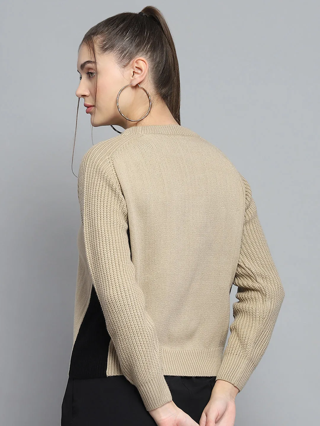 Women Beige Solid Round Neck Full Sleeve Pullover
