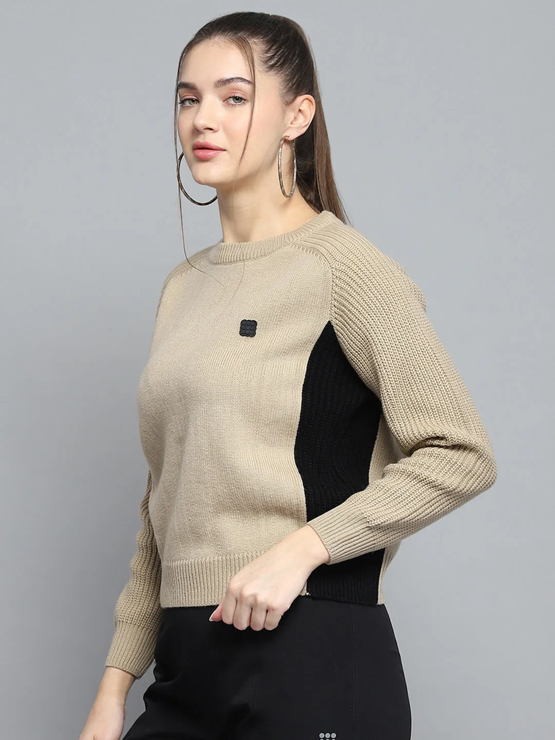 Women Beige Solid Round Neck Full Sleeve Pullover