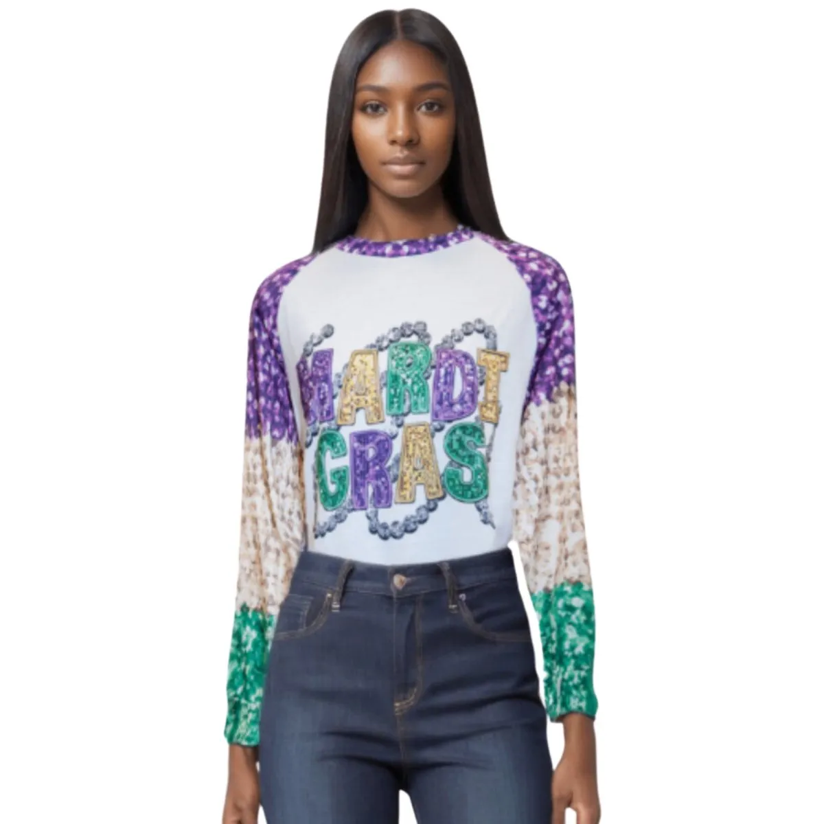 Women's Mardi Gras Print Crew Neck #3