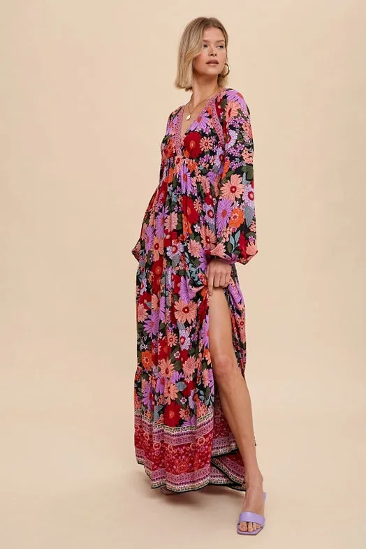 Women's Tiered Long Sleeve Black Floral Maxi Dress