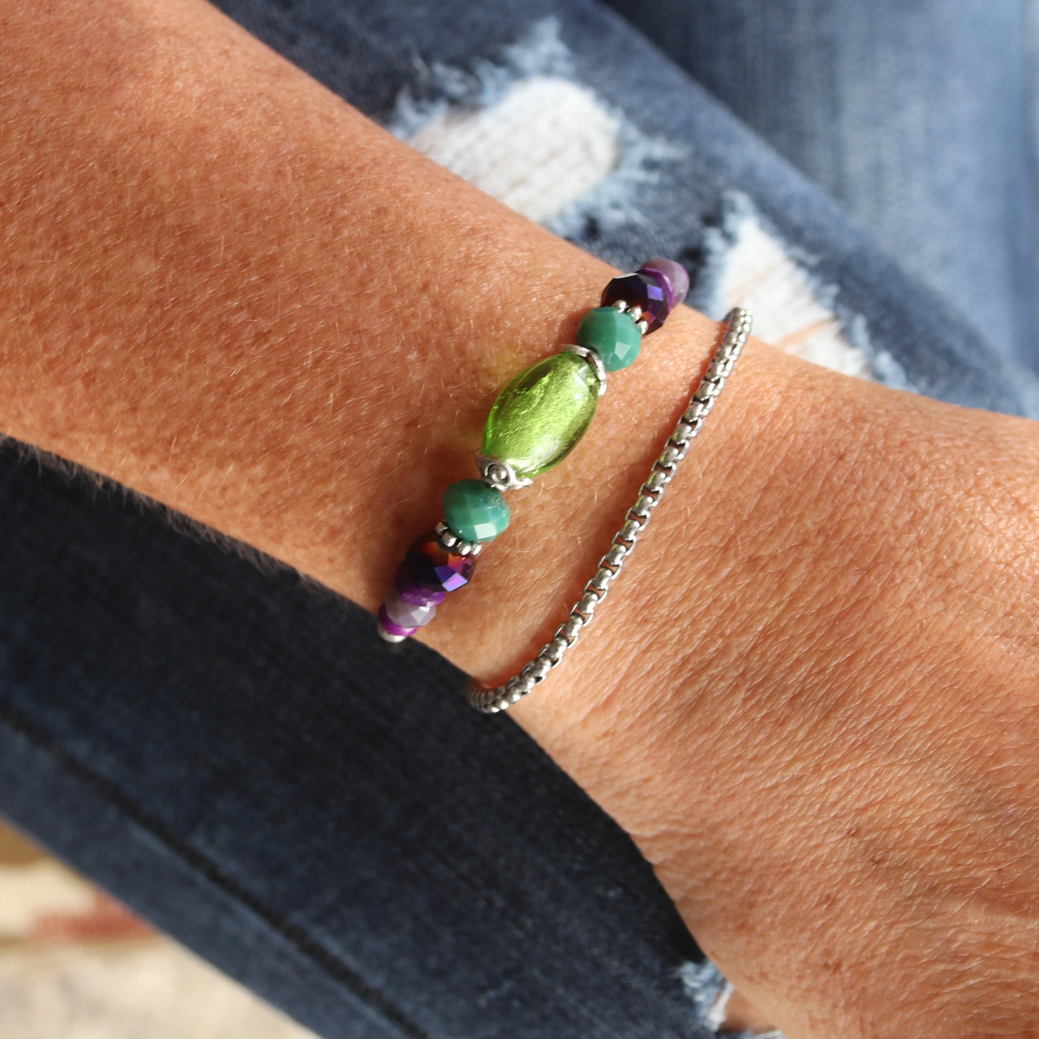 Wrap Bracelet & Earring Set - Bright Green Foil Glass and Purples
