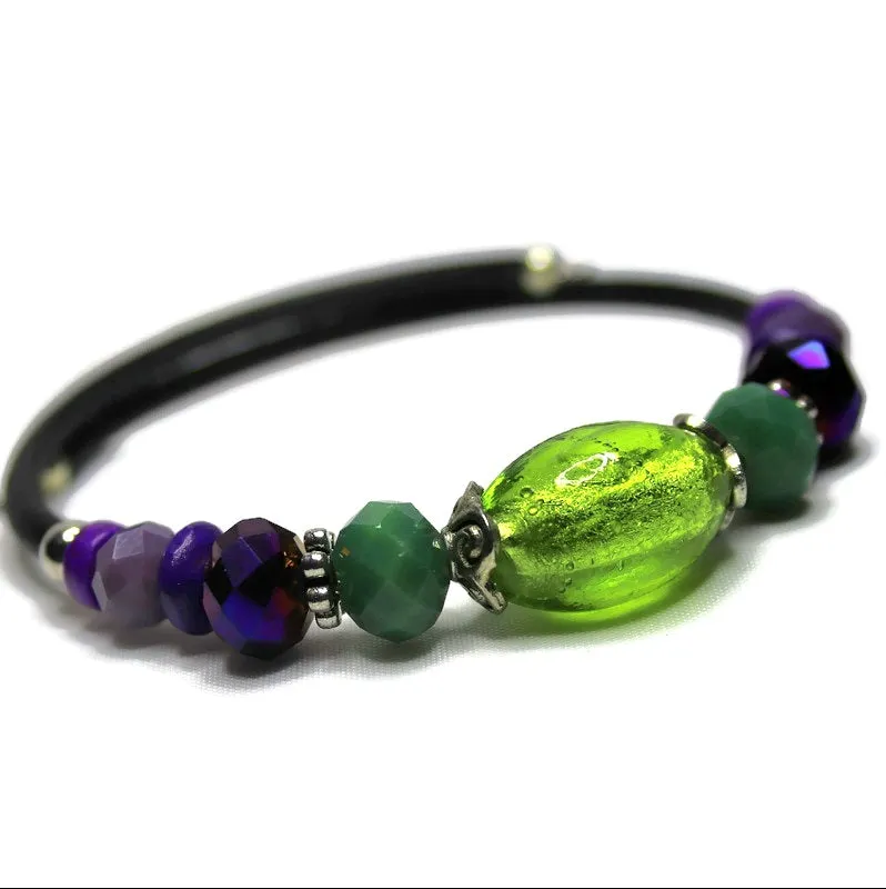 Wrap Bracelet & Earring Set - Bright Green Foil Glass and Purples