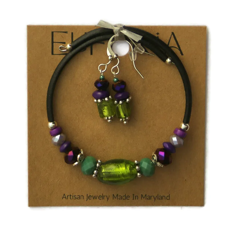Wrap Bracelet & Earring Set - Bright Green Foil Glass and Purples