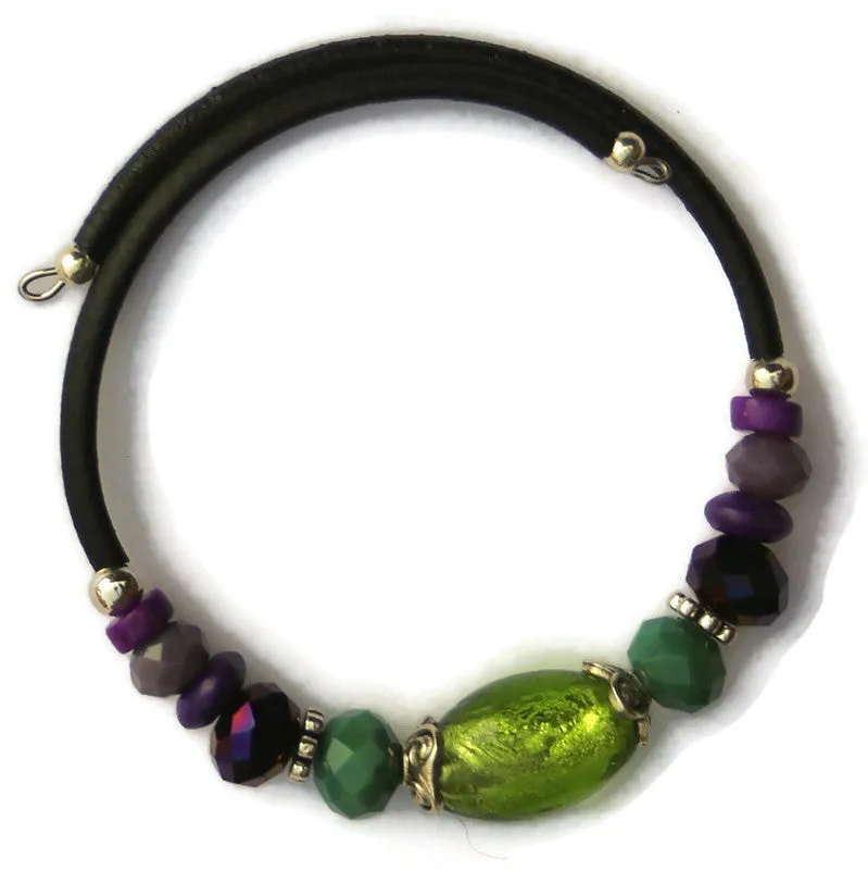 Wrap Bracelet & Earring Set - Bright Green Foil Glass and Purples